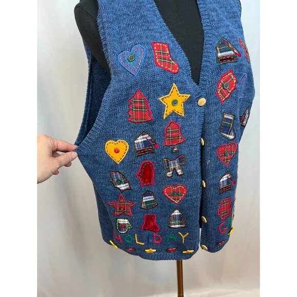 Marisa Christina VTG Christmas Cardigan Vest L Blue Plaid Grandmacore Cottagecor - Picture 2 of 7